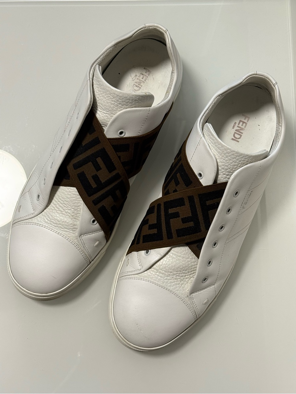 Fendi White Leather Slip-On Sneakers with FF Fendi Logo Cross Strap - Picture 13 of 17